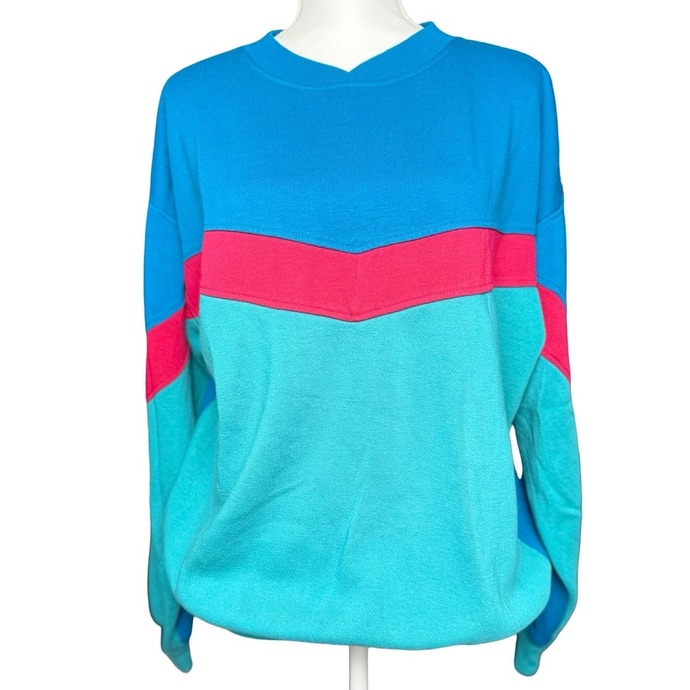 Vintage Colorblock Sweatshirt Teal Blue Pink Retro 90s Southern Classics L